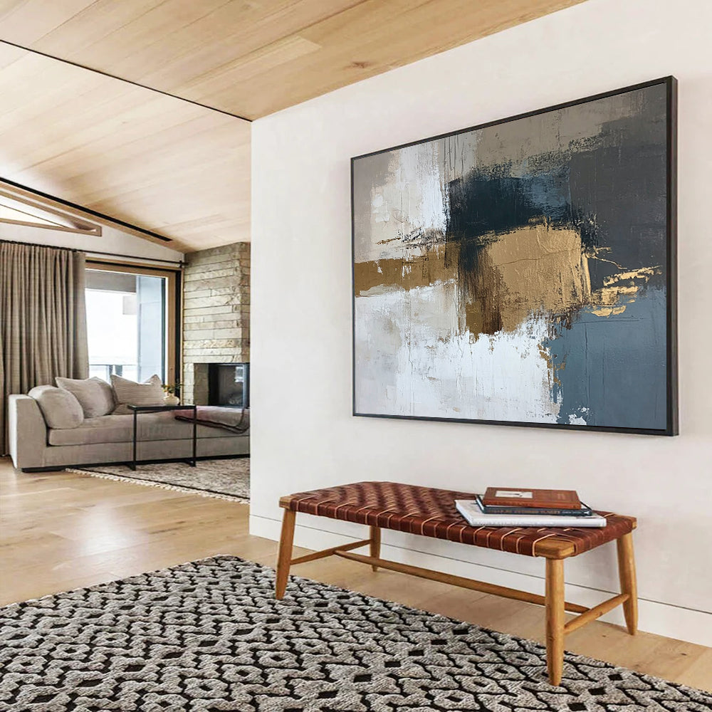 “Subtle Blends” - Beige, Blue, Gold, Textured Abstract Blocks Painting On Canvas HB1043