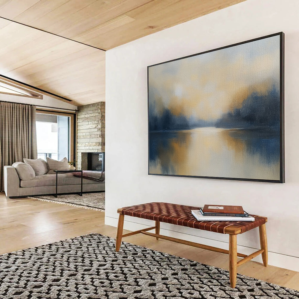 “Misty Lake at Dawn” - Greys, Yellows, Blues, Foggy Lake - Minimalist Oil Painting HB1569