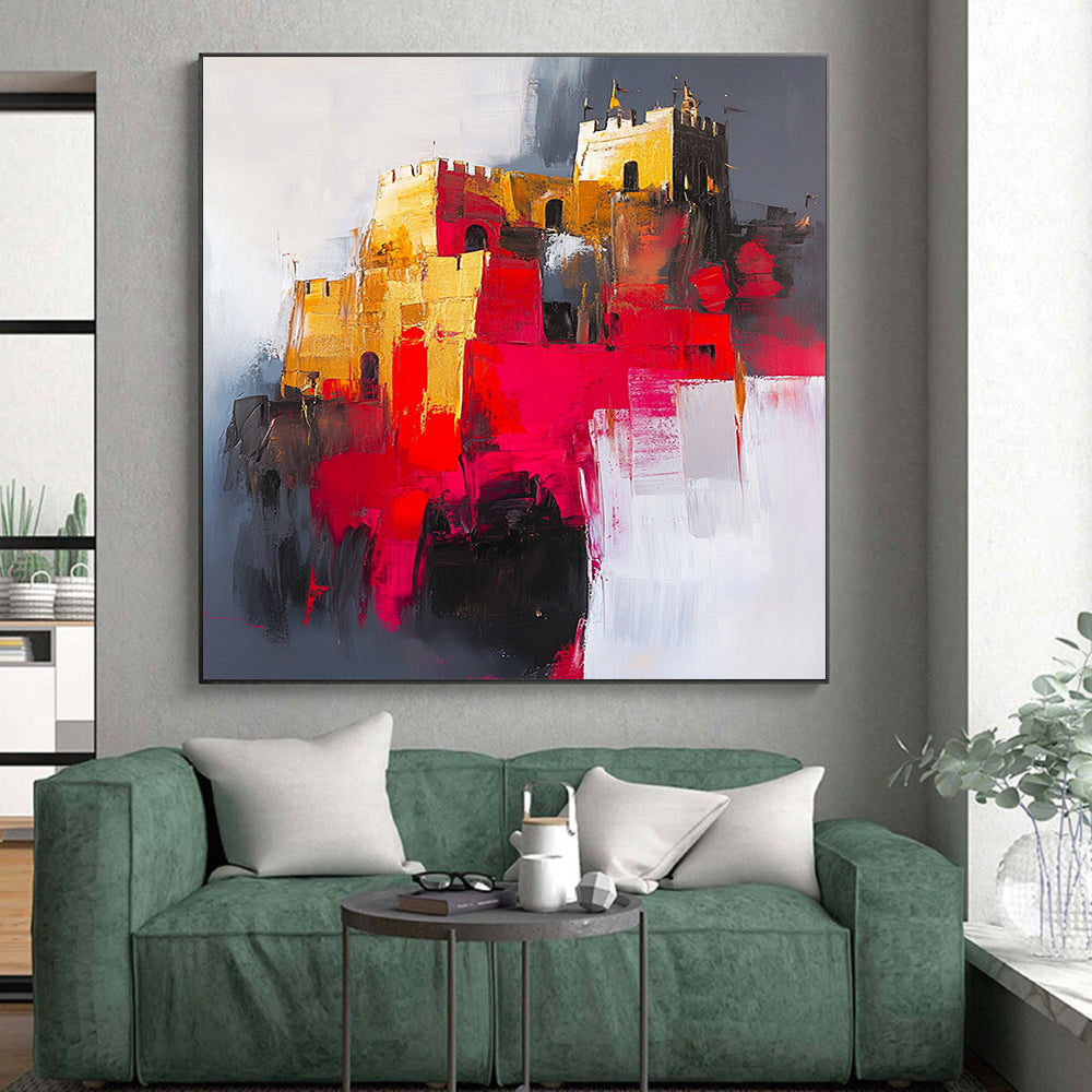 Gold, Red, Gray, White, Abstract Castle "Gilded Fortress" Abstract Impressionist Painting On Canvas HB144