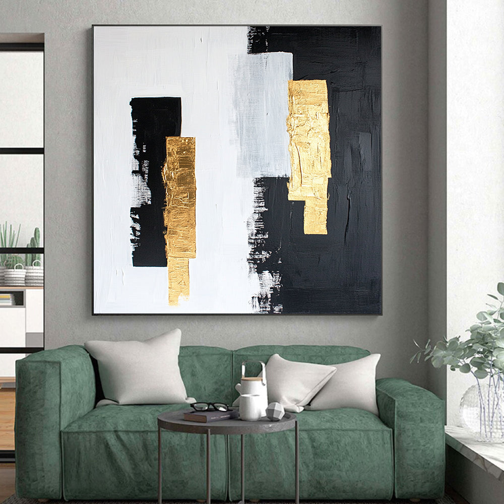 Black, White, Gray, Gold, Vertical Strokes "Gilded Simplicity" Abstract Minimalist Painting On Canvas HB148