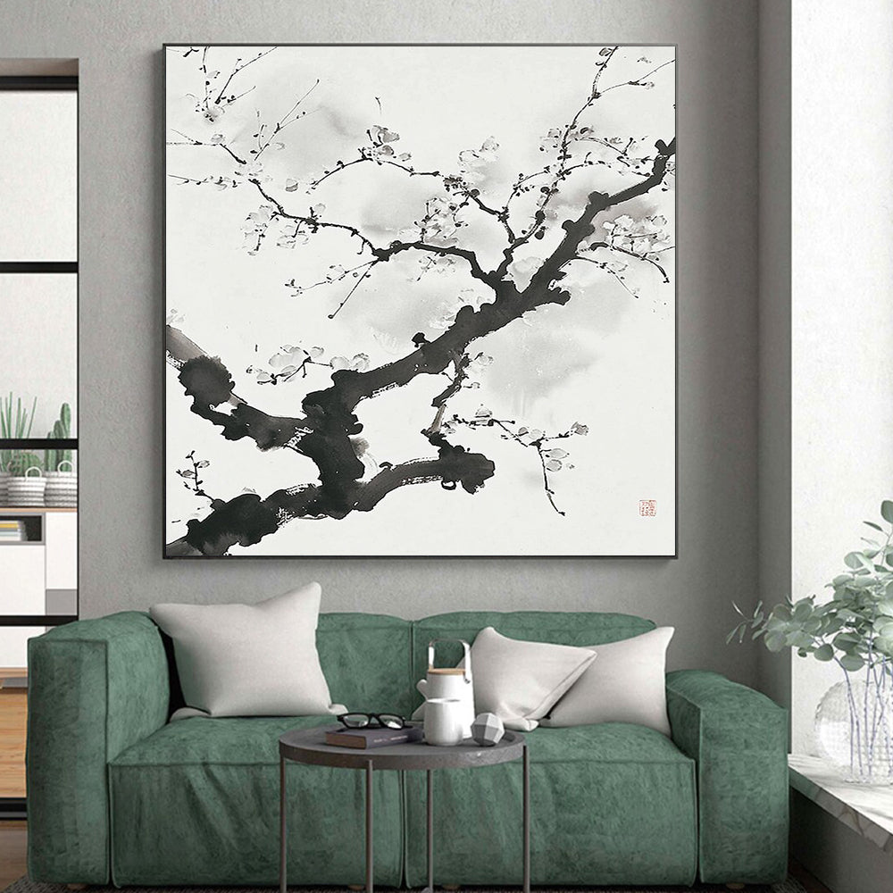 Black and White Ink - style Plum Blossom "Serene Bloom" Painting On Canvas HB322