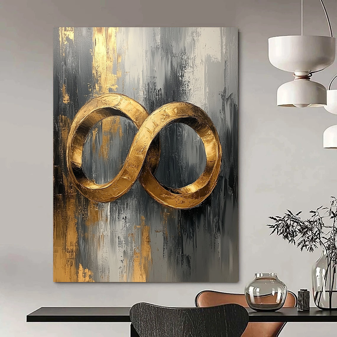 Contemporary abstract oil painting featuring golden rings in gray and white with gold leaf accents on canvas texture for a stunning UHD display. DLZ0482