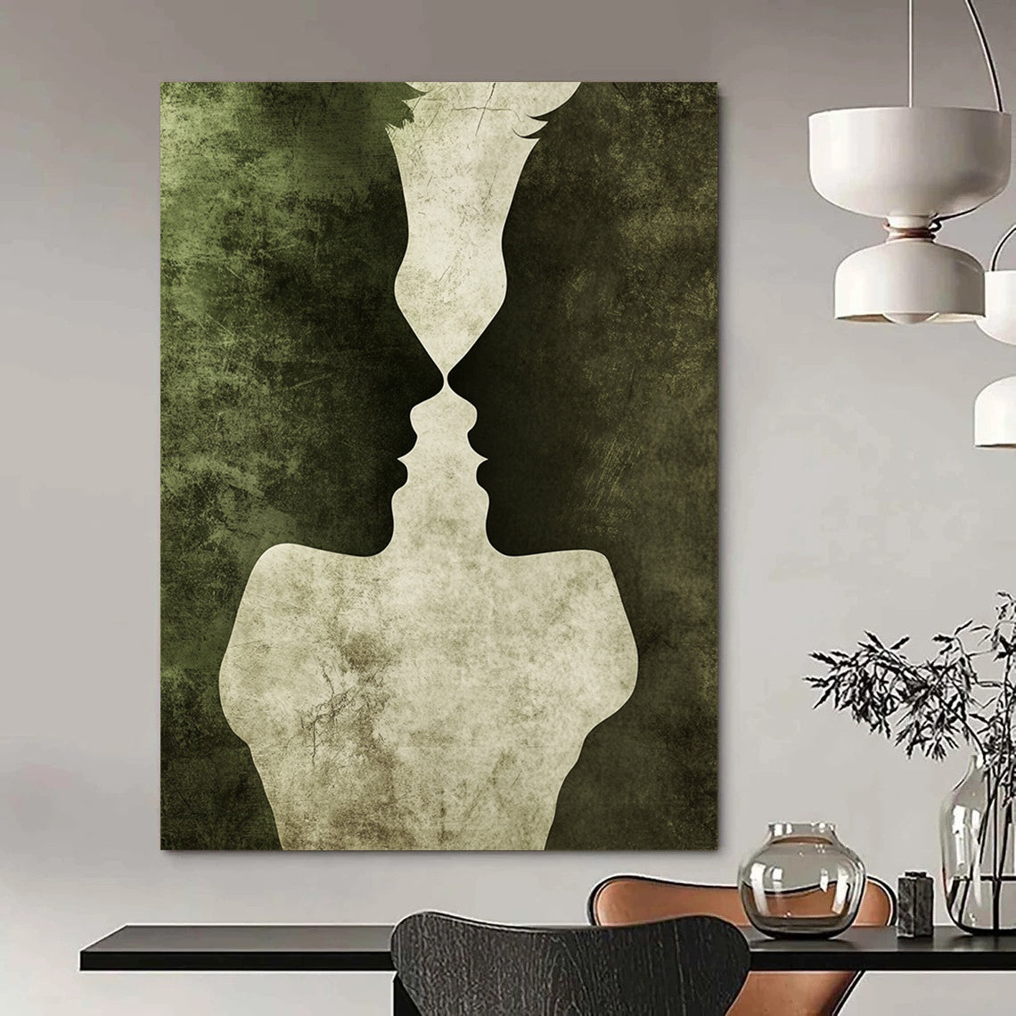 Contemporary hand-painted abstract artwork featuring entwined silhouettes in dark green and gray tones symbolizing love with rich textures and romantic atmosphere. DLZ1337
