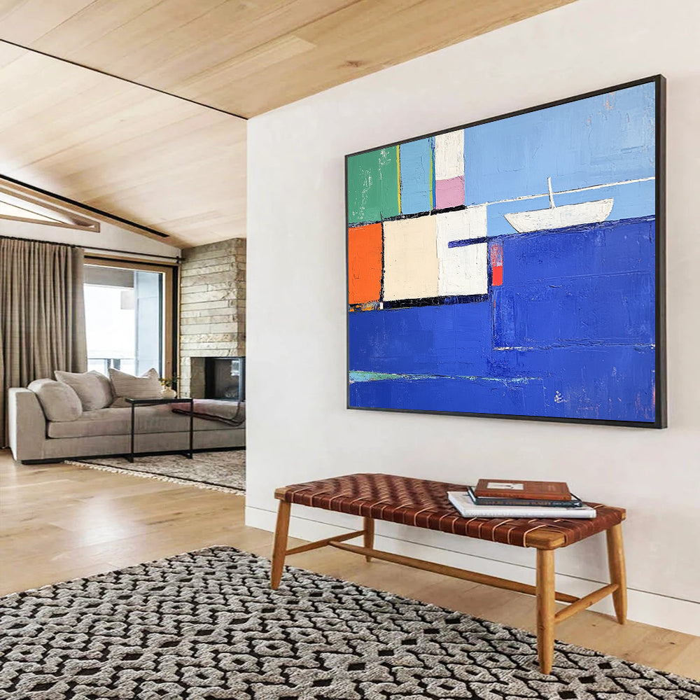 “Colorful Coastal Cubes” - Blue, Green, Orange, Pink, Abstract Cubist Coastal Painting On Canvas HB1075