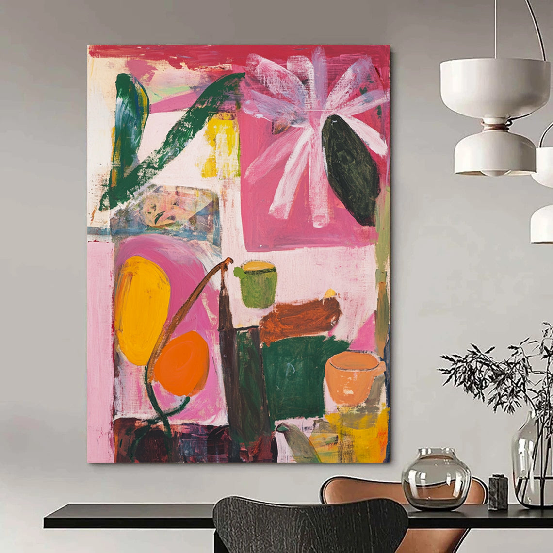 Contemporary abstract art features floral shapes in pink green and yellow against a light red background with a window and muted brown edges. DLZ0989