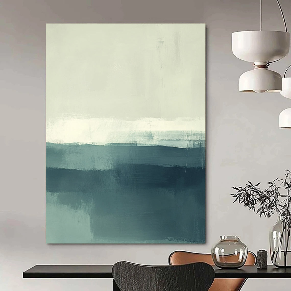 Contemporary hand-painted abstract artwork of the sea featuring soft muted teal and green tones with white accents. Perfect for modern spaces. DLZ0431