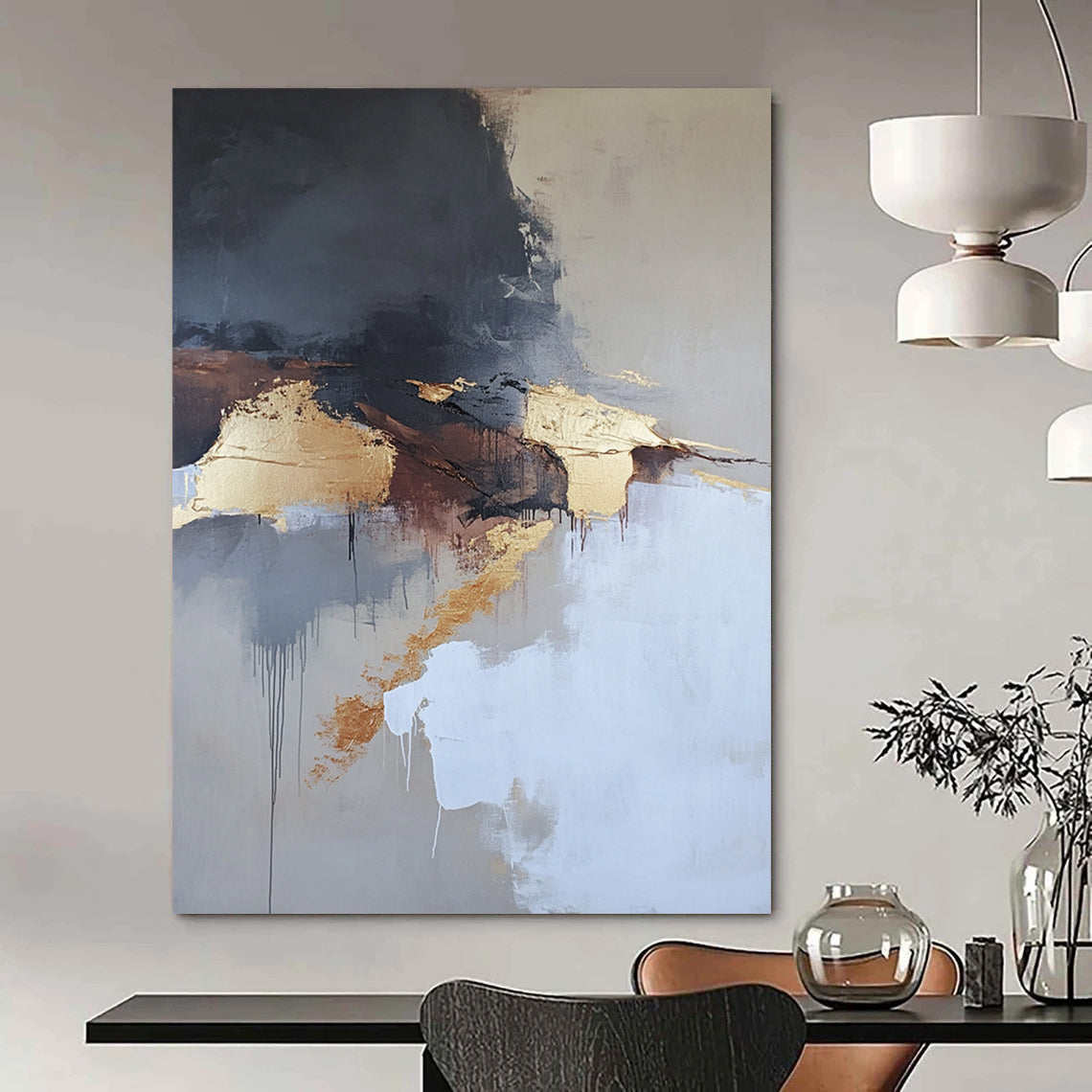 Contemporary abstract painting features aerial views with dark gray and white clouds gold elements in beige tones and thick brush strokes. DLZ0448