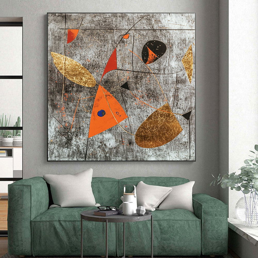 Gray, Black, Gold, Red and Orange Abstract Shapes "Dynamic Balance" Painting On Canvas HB336