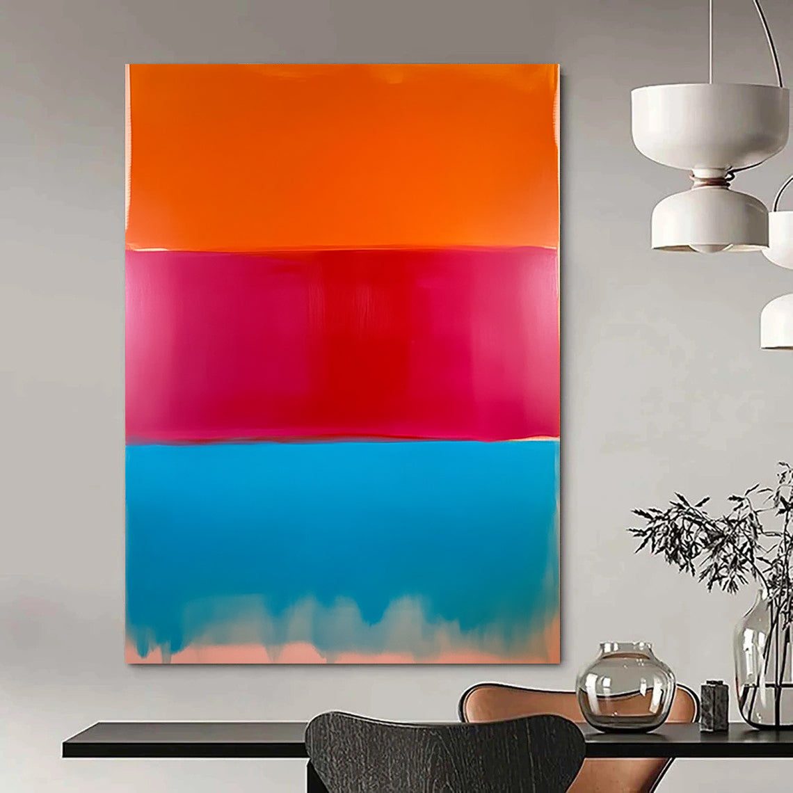 Contemporary hand-painted abstract artwork featuring a large field of color with red, peach, and bright blue vertical sections blending beautifully. DLZ1287