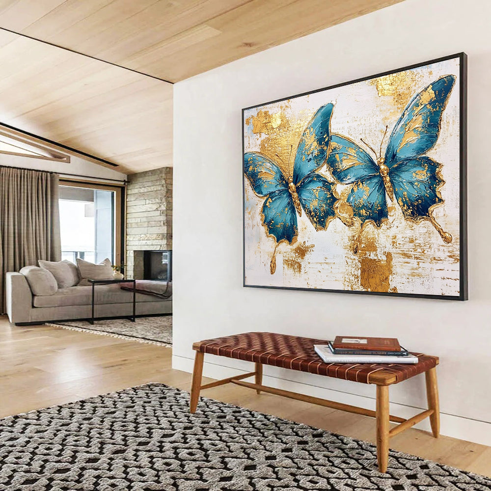“Blue Butterflies With Gold” - Blue, Gold, White, Textured Floral - Animal Painting On Canvas HB0685