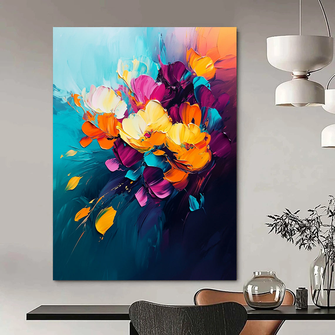 Large contemporary abstract painting featuring vibrant flowers on dark blue background with orange and pink accents soft brush strokes create energetic modern art style. DLZ0619
