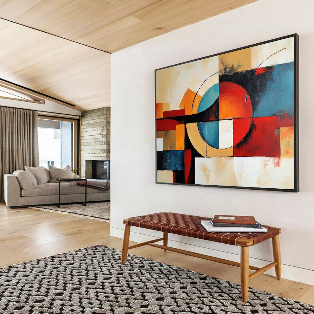“Geometric Abstract Composition” - Red, blue, orange, beige, white; Geometric abstract shapes and lines; Acrylic Painting On Canvas HB1241
