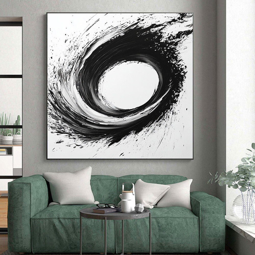 Black, White, Dynamic Circular Swirl "Whirlwind Ink" Abstract Expressionist Painting On Canvas HB133