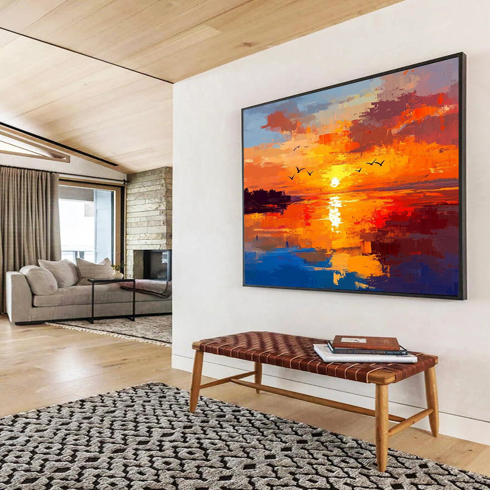 “Fiery Sunset Seascape” - Orange, Red, Yellow, Blue, Purple - Impasto Sunset Over Water - Oil Painting HB1324