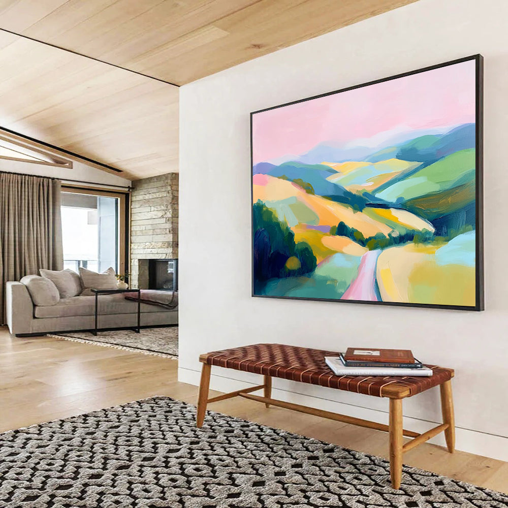 Pink, Blue, Green, Yellow and Purple Colorful Valley "Vibrant Vista" Painting On Canvas HB0673