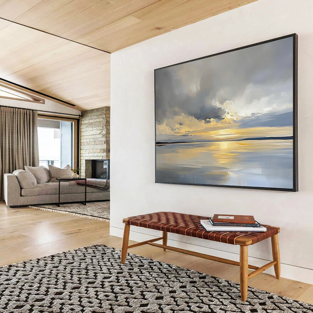 “Sunset Over Calm Waters” - Gray, Gold, Blue, Abstract Landscape Painting On Canvas HB0676
