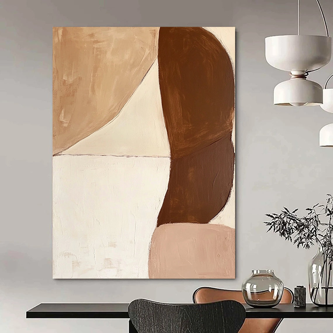 Large contemporary hand-painted abstract art featuring brown and white shapes with contrasting soft curves and bold forms for a dynamic composition. DLZ0639