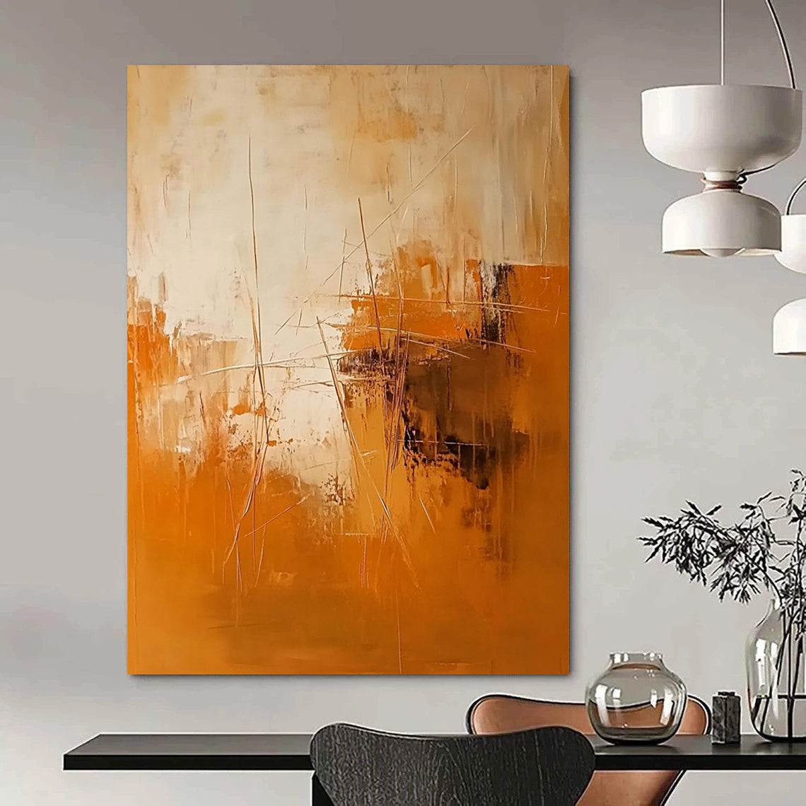 Contemporary hand-painted abstract artwork featuring warm orange and brown tones with textured brushstrokes and dynamic shapes adding depth in beige and white. DLZ1069