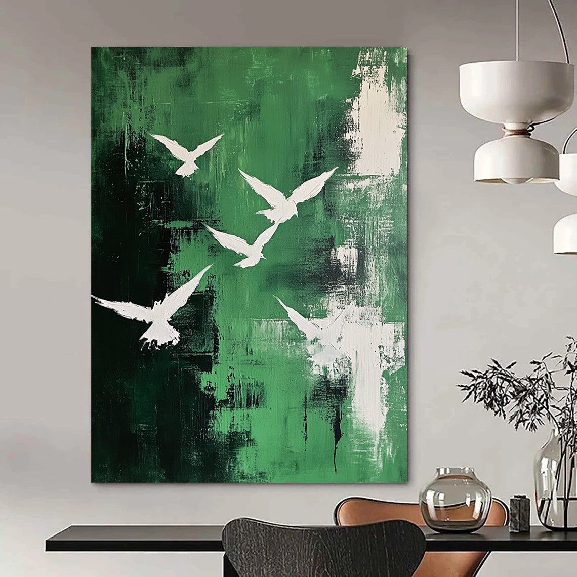 Contemporary abstract painting featuring white birds in an emerald sky with dynamic brushstrokes and textured expressions on canvas. DLZ0669