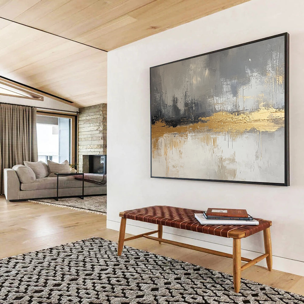 “Gilded Gray Layers” - Gray, Gold, White, Textured Abstract Layers Painting On Canvas HB1053