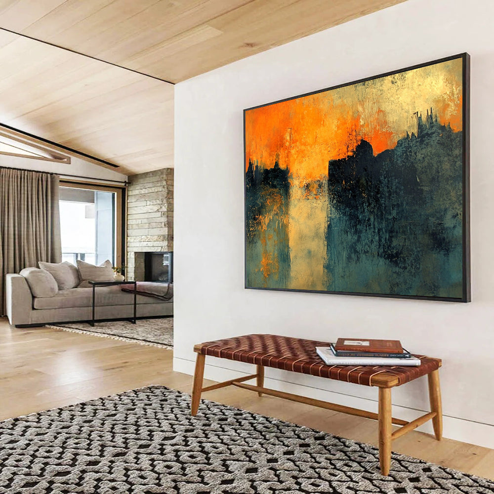 “Orange Sunset City Silhouette” - Orange, Blue, Black, Abstract Dramatic City Sunset Painting On Canvas HB1095
