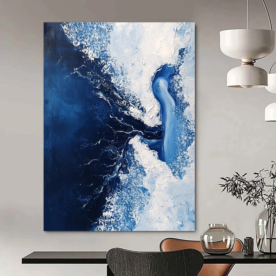Contemporary abstract painting features a dark blue sea with white foam and an ice woman submerged within flowing water in minimalist style. DLZ0649