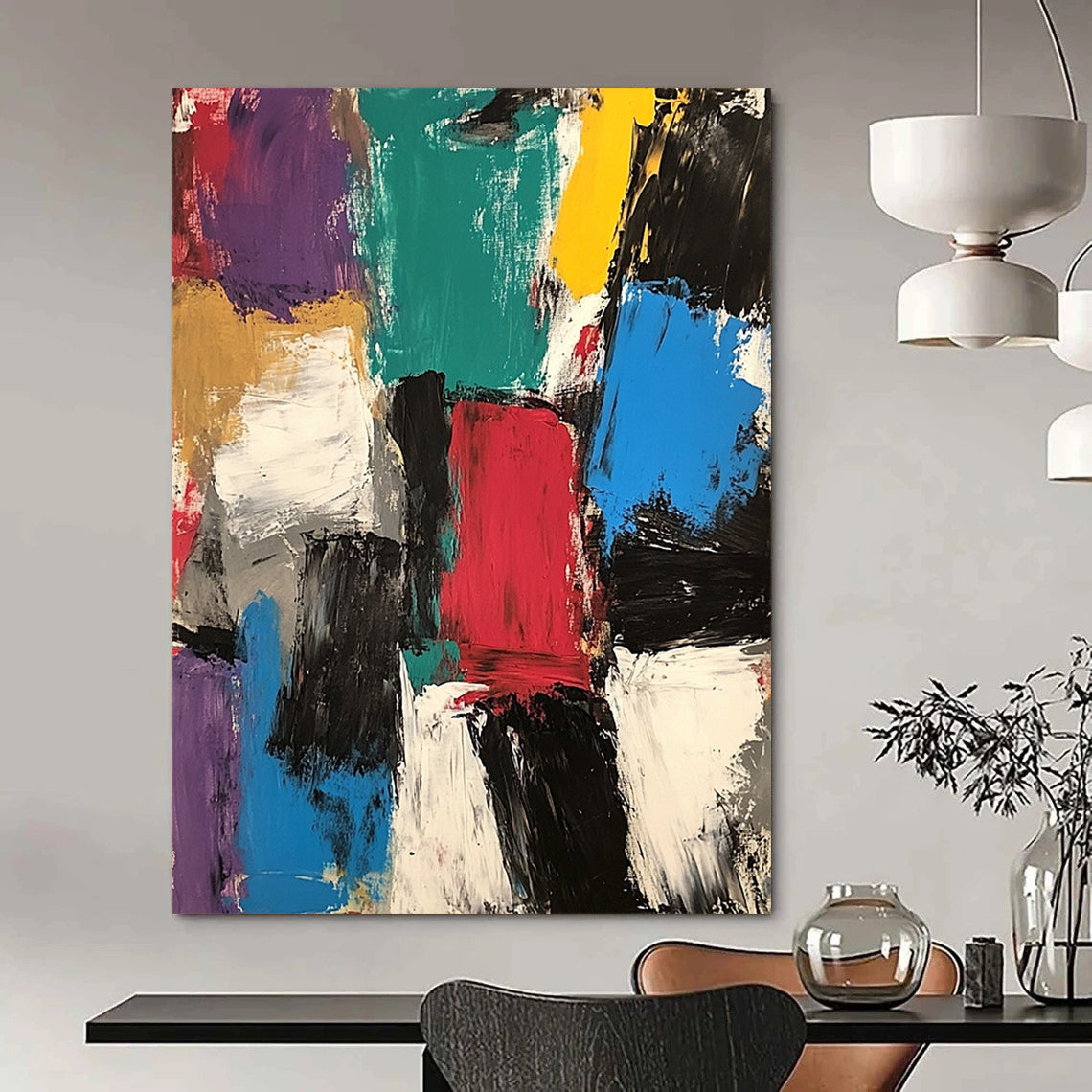 Large contemporary hand-painted abstract artwork featuring thick brush strokes and mixed media in vibrant colors, inspired by Jean Dubuffet's expressive style. DLZ0934