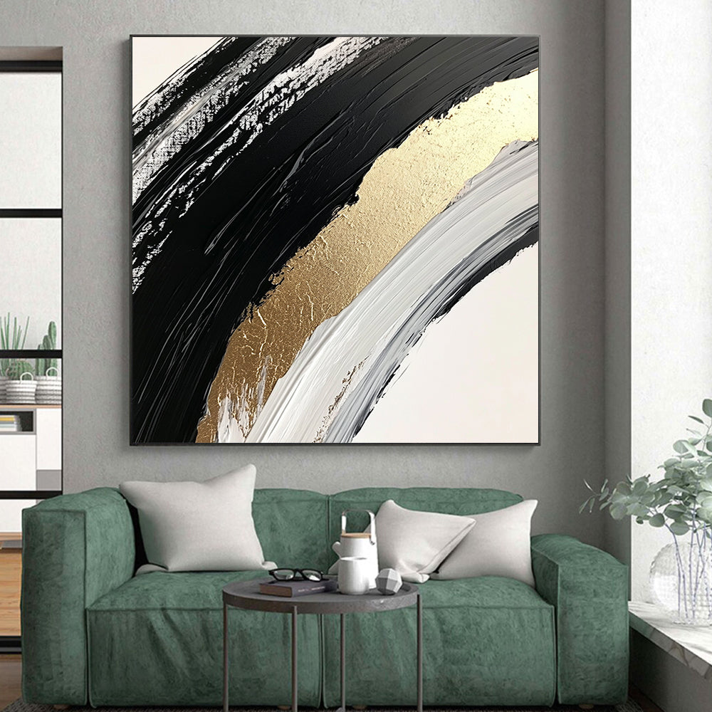 Black, White and Gold Curved Brushstrokes "Elegant Arc" Painting On Canvas HB321
