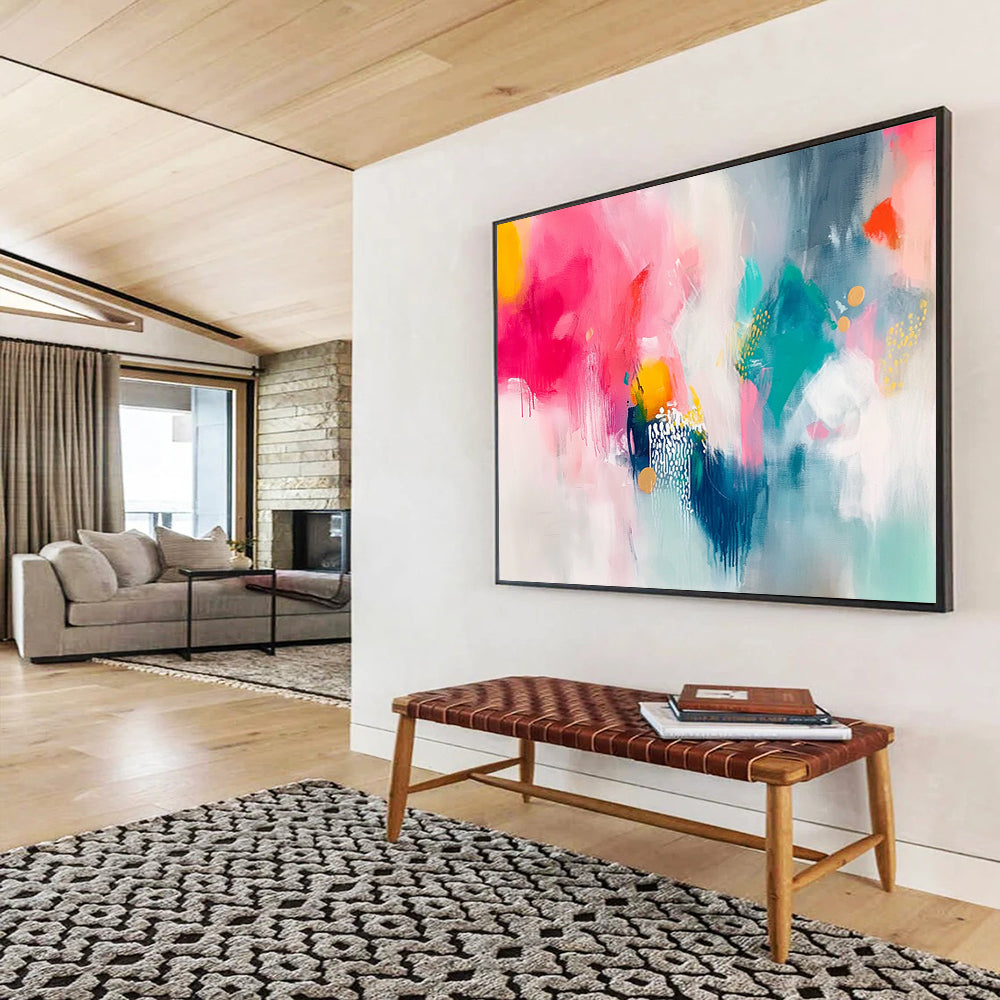 “Vibrant Pink Teal Abstract” - Pink, Teal, Yellow, White, Colorful Forms - Painting On Canvas HB1419