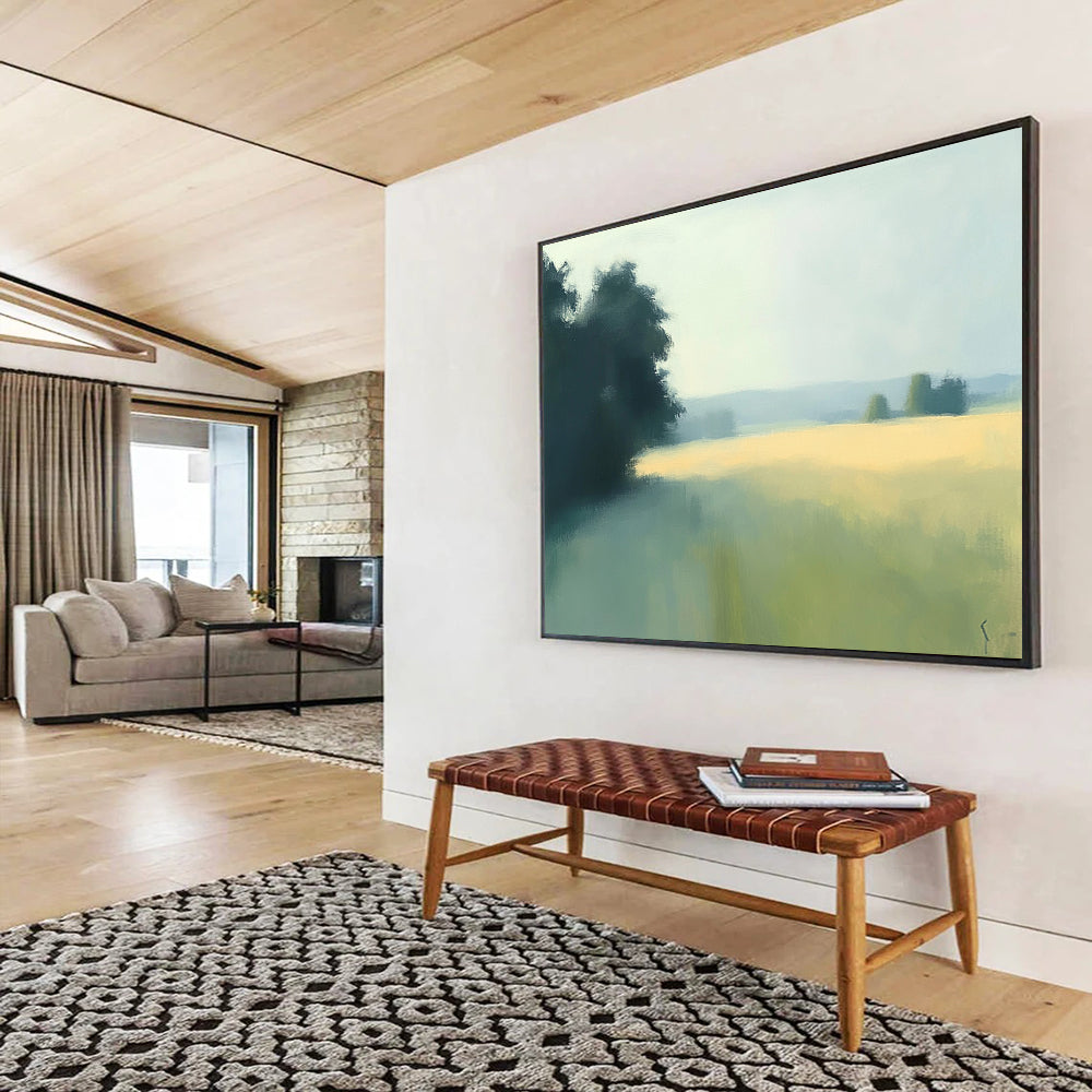 “Misty Field Landscape” - Green, yellow, blue, soft focus, Impressionist Landscape Painting HB0620