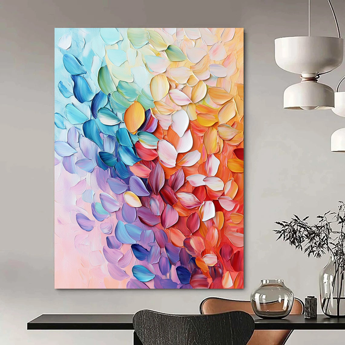Contemporary hand-painted abstract art featuring textured leaves and vibrant foliage in pink blue purple orange and green with rich details and delicate brushstrokes. DLZ1568