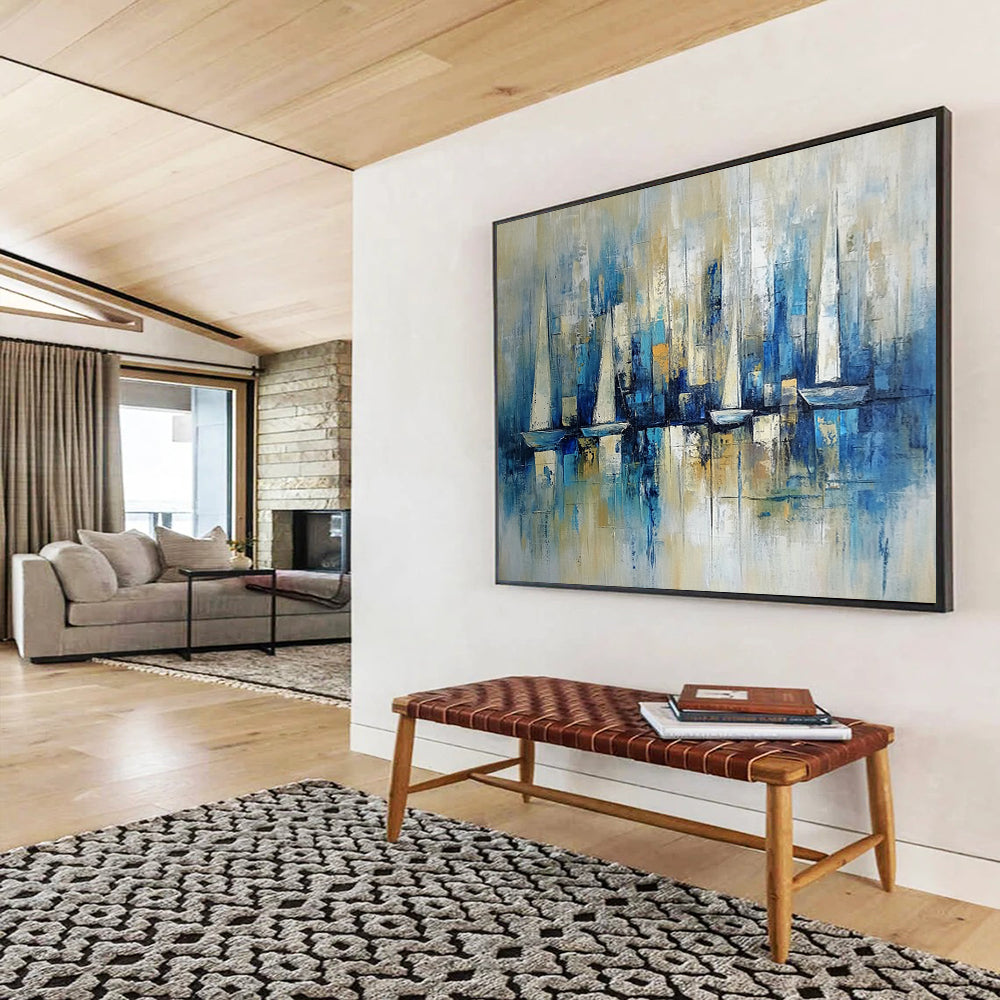 “Blue Sailboat Skyline” - Blue, Beige, White, Abstract Harbor - Impressionist Oil Painting HB1498