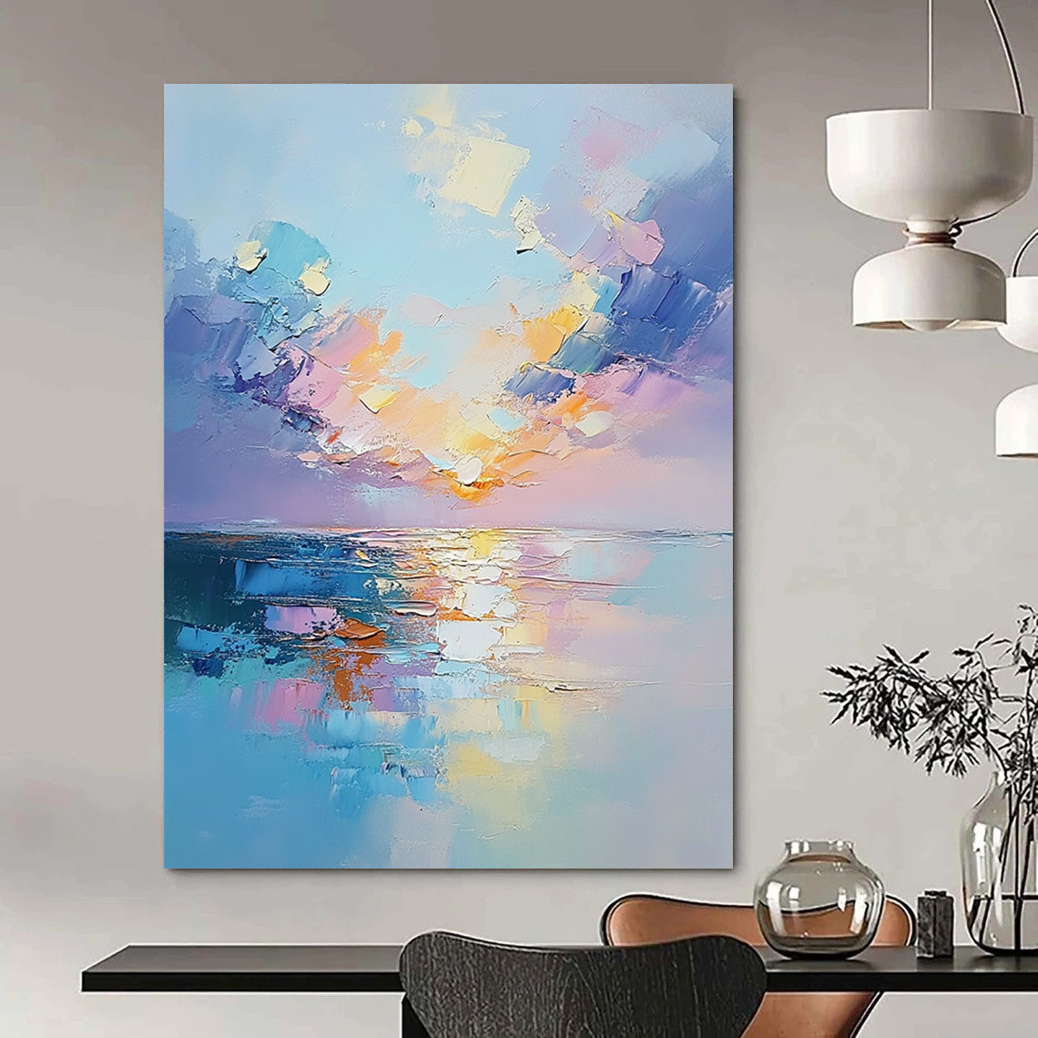 Contemporary hand-painted abstract artwork capturing a serene sunset over the sea with textured clouds and soft reflections in pastel colors. DLZ1684