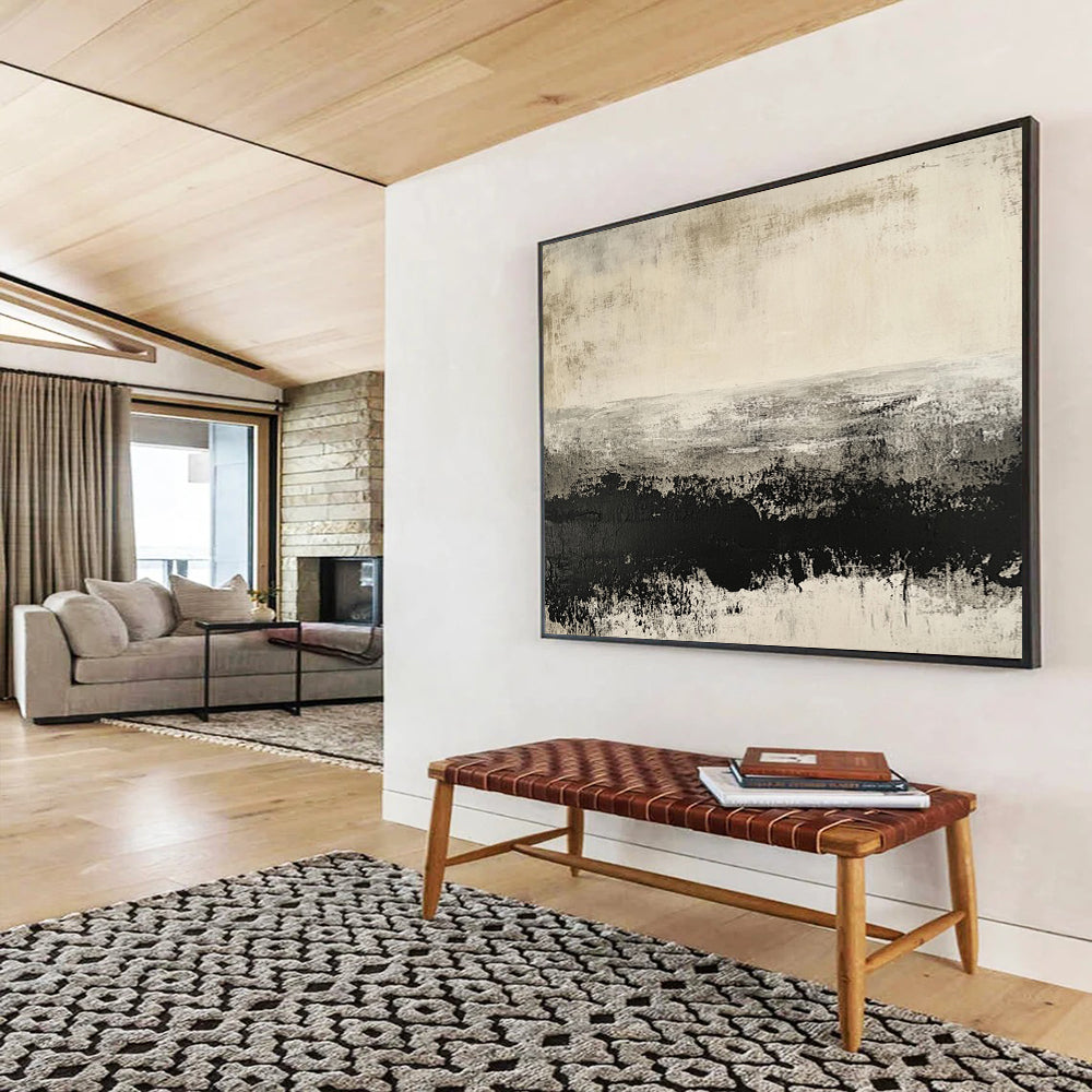 “Grayscale Textured Landscape” - Black, White, Gray, Textured Fields Painting On Canvas HB0800