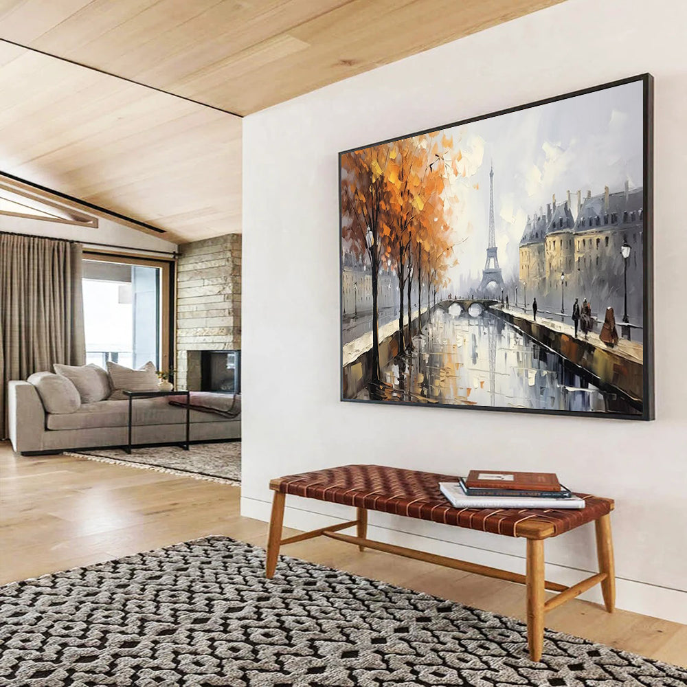 Paris Autumn Canal Oil Painting - Large Romantic Living Room Decor DLZ171