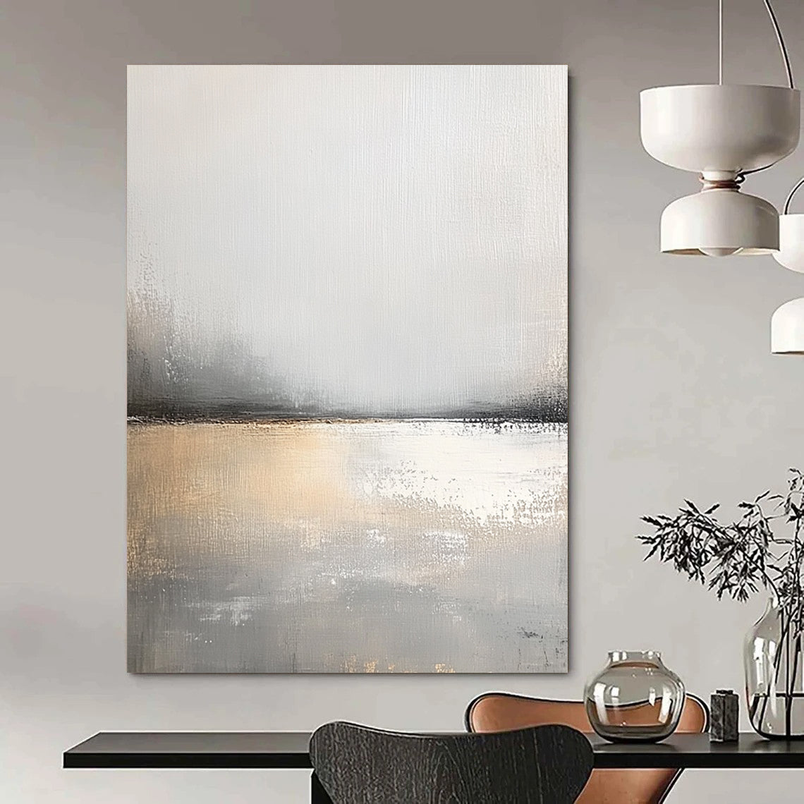 Large contemporary hand-painted abstract artwork features serene gray and white tones with soft brushstrokes and a calming effect that enhances tranquil spaces. DLZ0403