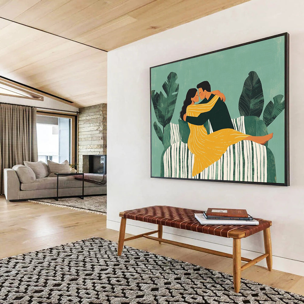 “Cozy Couples’ Embrace” - Greens, Yellows, Whites, Loving Illustration - Whimsical Wall Art HB1562