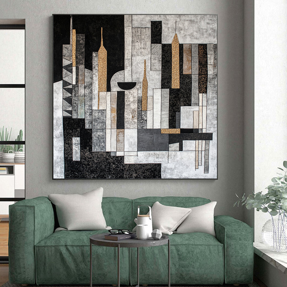 Black, Gray, Beige and Gold Abstract Cityscape "Urban Mosaic" Painting On Canvas HB317