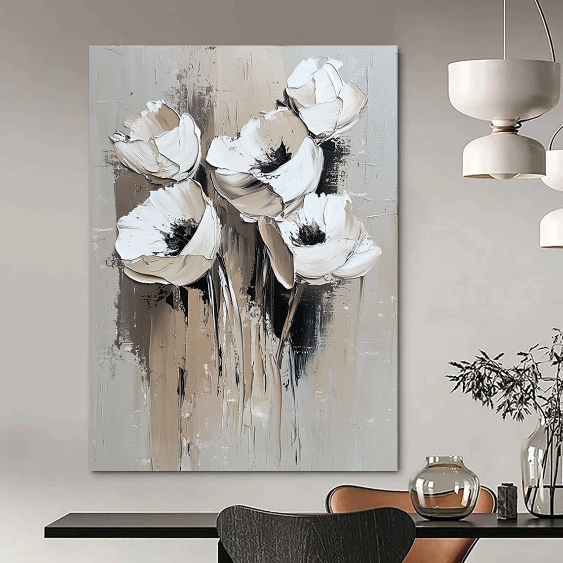 Contemporary abstract painting featuring white flowers with minimal detail in oil strokes on a grey background perfect for modern decor. DLZ0671