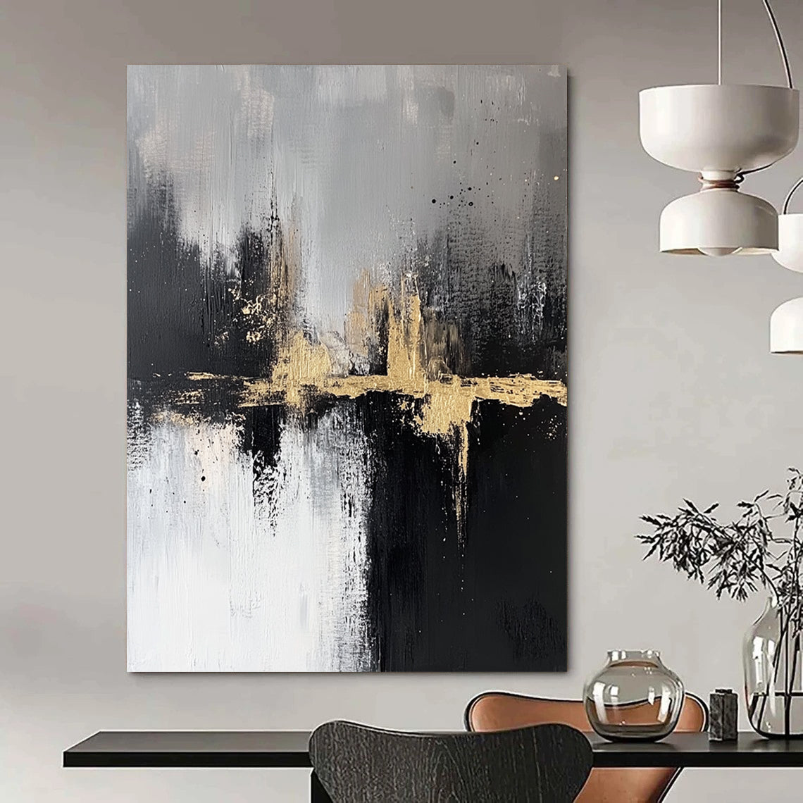 Contemporary abstract artwork featuring textured black and white brush strokes with gold accents capturing a serene cityscape atmosphere in neutral tones. DLZ0317