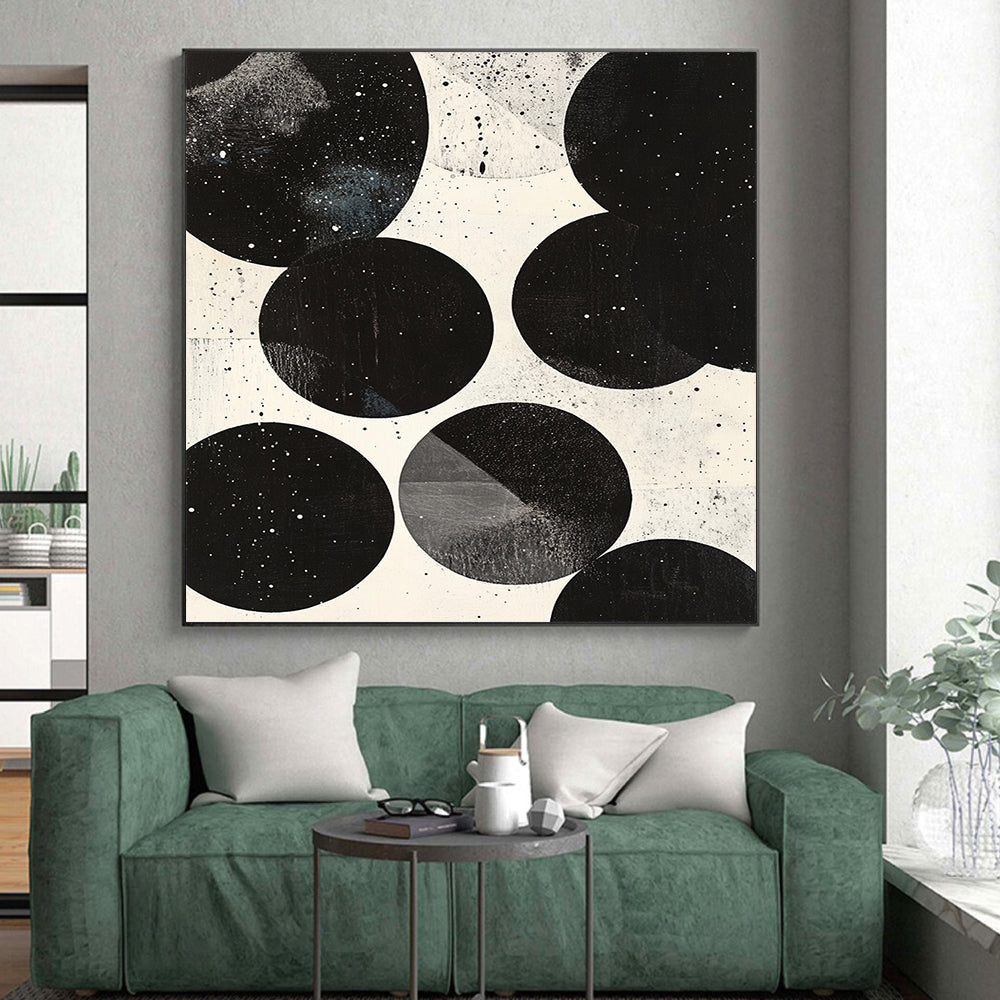 Black, White, Spotted Circles "Cosmic Sphere Dots" Abstract Minimalist Painting On Canvas HB179