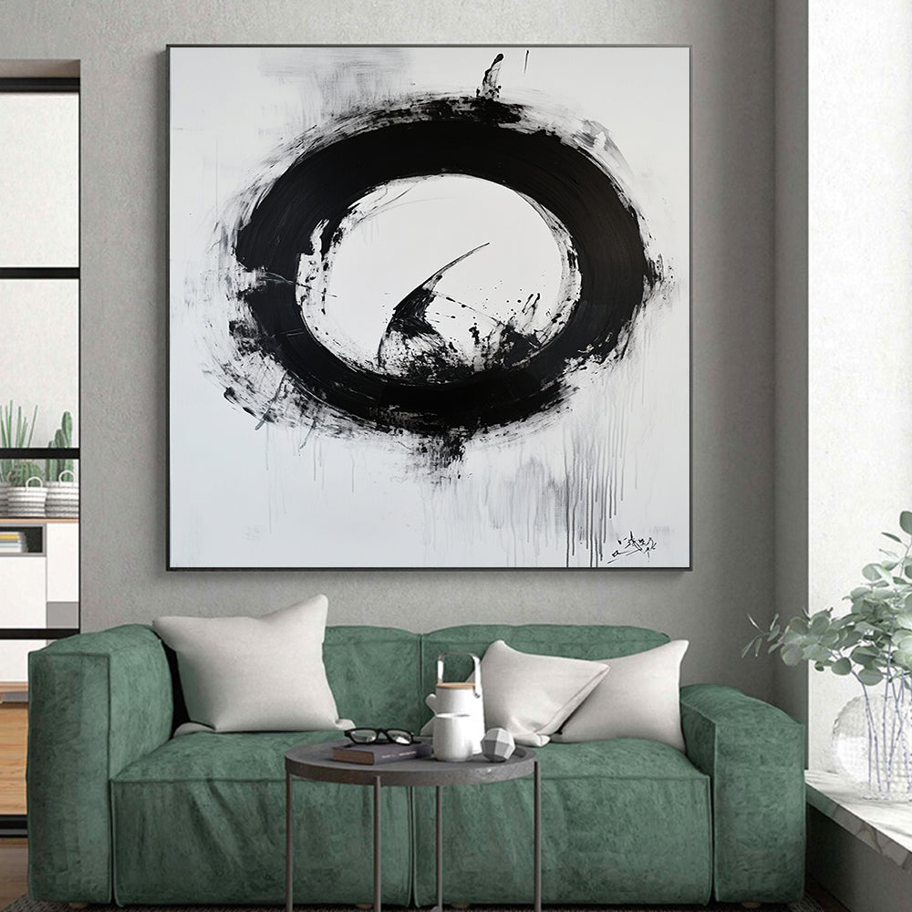 Black and White Textured Circle "Rough Enlightenment" Painting On Canvas HB265