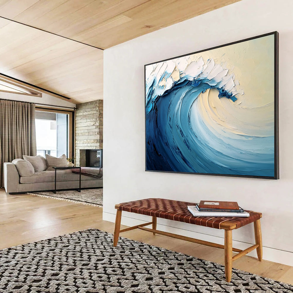 “Smooth Ocean Wave” - Blue, White, Beige, Abstract Surf - Palette Knife Oil Painting HB1505