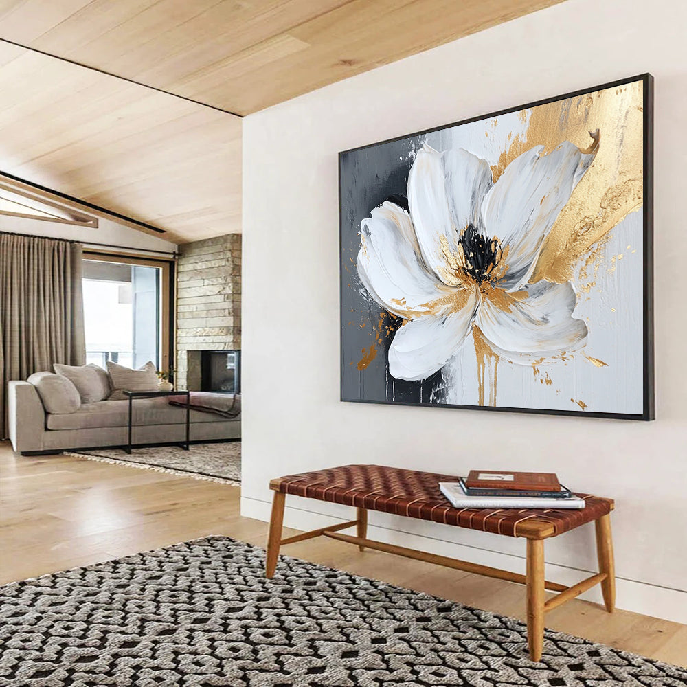 “Gilded White Flower” - White Petals, Gold Accents, Black Center, Textured Floral Painting On Canvas HB1103