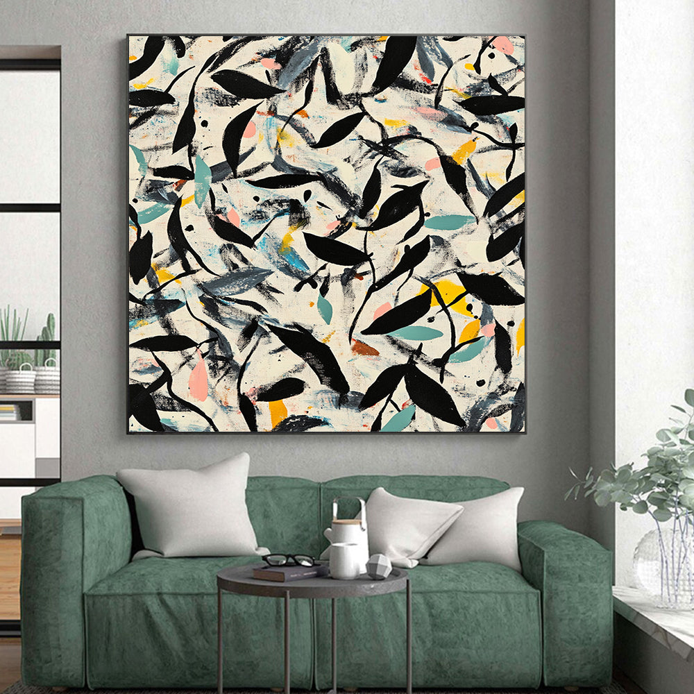 Black, Green, Blue, Yellow, Leafy Chaos "Botanical Burst" Abstract Expressionist Painting On Canvas HB081