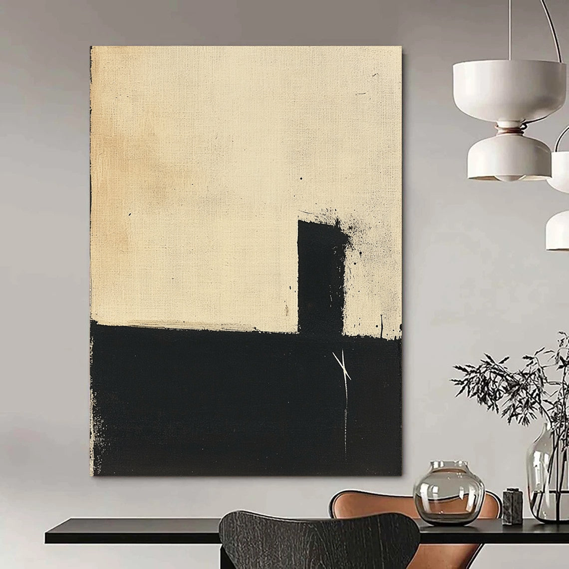 Contemporary hand-painted abstract art featuring a minimalistic black and beige palette with simple shapes and visible brush strokes on inked paper. DLZ0940