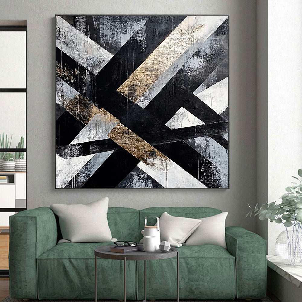Gray, Black, White, Gold, Intertwined Stripes "Gilded Weave" Abstract Modernist Painting On Canvas HB078