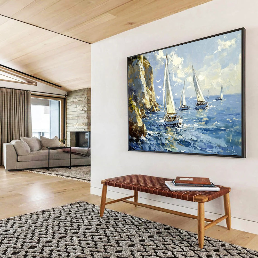 Blue, White, Yellow and Green Seascape with Sailboats "Sailing Serenity" Painting On Canvas HB0661
