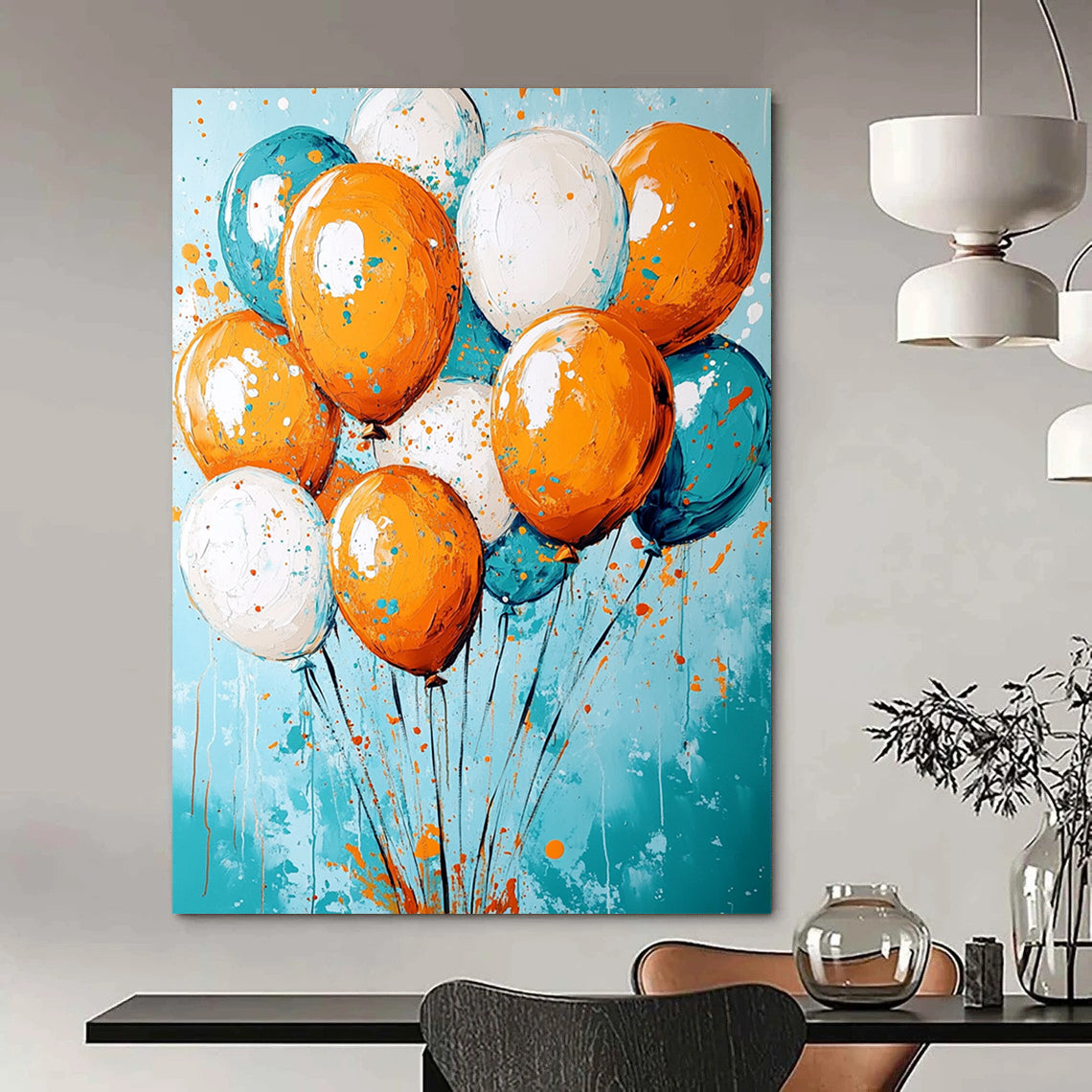 Contemporary abstract artwork featuring vibrant orange and teal colors, joyfully celebrating with floating balloons and dynamic paint splashes. DLZ0279