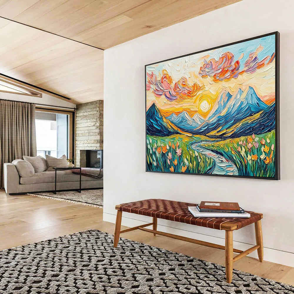 “Sunset Mountain Valley” - Colorful, Mountain, River, Flowers Painting On Canvas HB0746